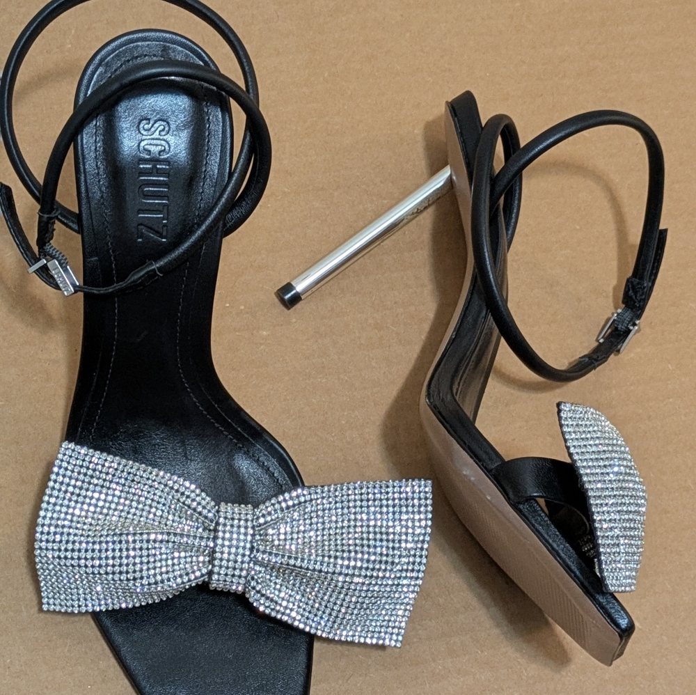 Schutz Black and Silver Heels with Glitter Bow Leather Sandals, Size 9B - Picture 5 of 12